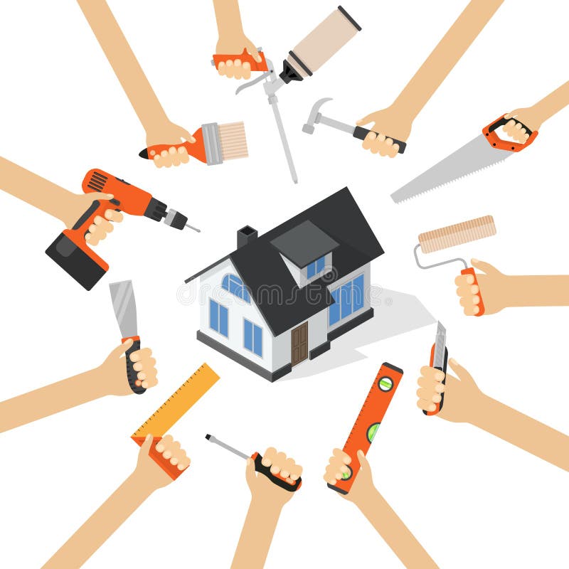 Hände mit Erneuerungs-Hausarbeitwerkzeugen der Hauptreparatur diy lizenzfreie abbildung Hände mit Erneuerungs-Hausarbeitwerkzeugen der Hauptreparatur diy lizenzfreie abbildung
