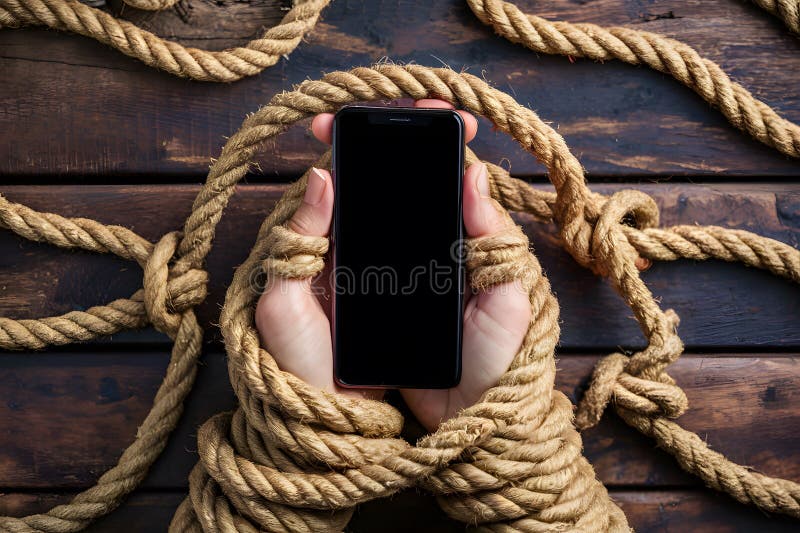 Hände mit Seil halten ein Smartphone, das Modernität und Abhängigkeit symbolisiert vektor abbildung