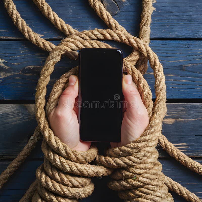 Hände mit Seil halten ein Smartphone, das Modernität und Abhängigkeit symbolisiert stock abbildung