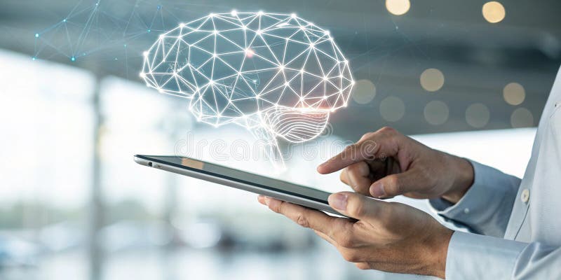 Hände mit Tablette mit abstraktem Hologramm des Gehirns der AI lizenzfreie abbildung