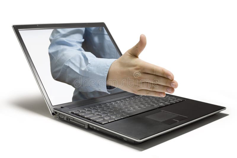 Hands reaching out of a laptop. Hands reaching out of a laptop
