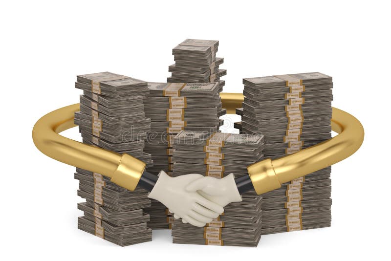 Händedruck um die Dollarstapel lokalisiert auf weißem Hintergrund 3D I vektor abbildung Händedruck um die Dollarstapel lokalisiert auf weißem Hintergrund 3D I vektor abbildung