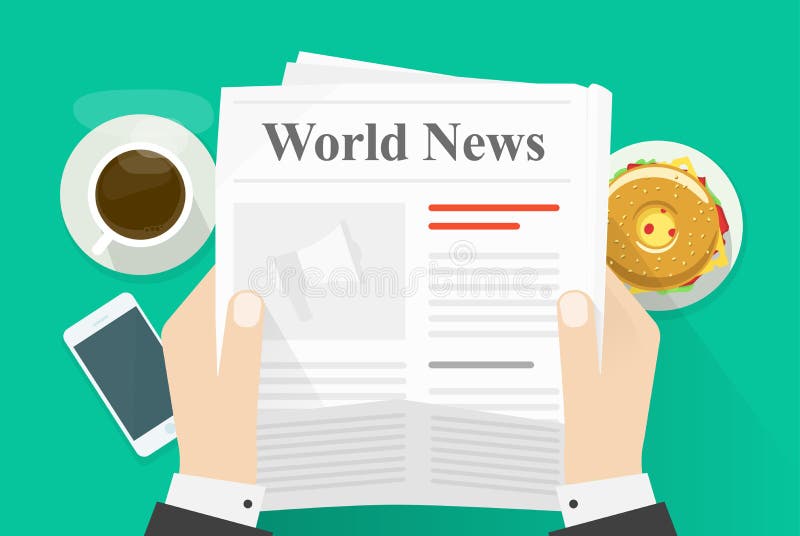Händer för affärsmannen som rymmer tidningen med världsnyheterord, rubricerar, abstrakt text och fotoet, kaffeavbrott, stock illustrationer Händer för affärsmannen som rymmer tidningen med världsnyheterord, rubricerar, abstrakt text och fotoet, kaffeavbrott, stock illustrationer