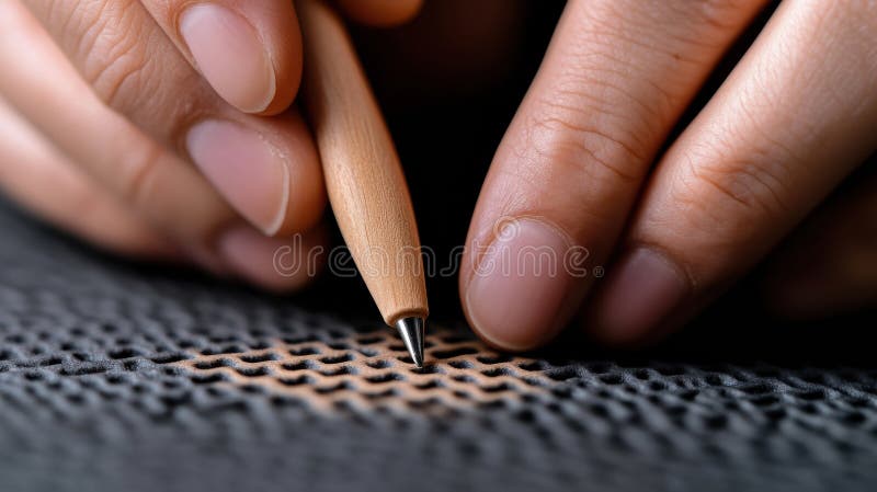 Händer som delikatonerar en texturerad väv med en tränål royaltyfri foto