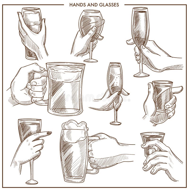 Händer som rymmer drinkexponeringsglasvektorn, skissar symboler av kvinnan, och öl för manhandhållen rånar, champagnebägaren elle vektor illustrationer Händer som rymmer drinkexponeringsglasvektorn, skissar symboler av kvinnan, och öl för manhandhållen rånar, champagnebägaren elle vektor illustrationer