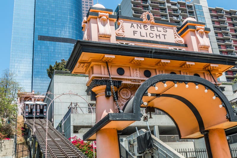 LOS ANGELES, CALIFORNIA - JUNE 5, 2016: Entrance to the landmark Angels Flight in the Bunker Hill District, a 2-car funicular railway system. LOS ANGELES, CALIFORNIA - JUNE 5, 2016: Entrance to the landmark Angels Flight in the Bunker Hill District, a 2-car funicular railway system.