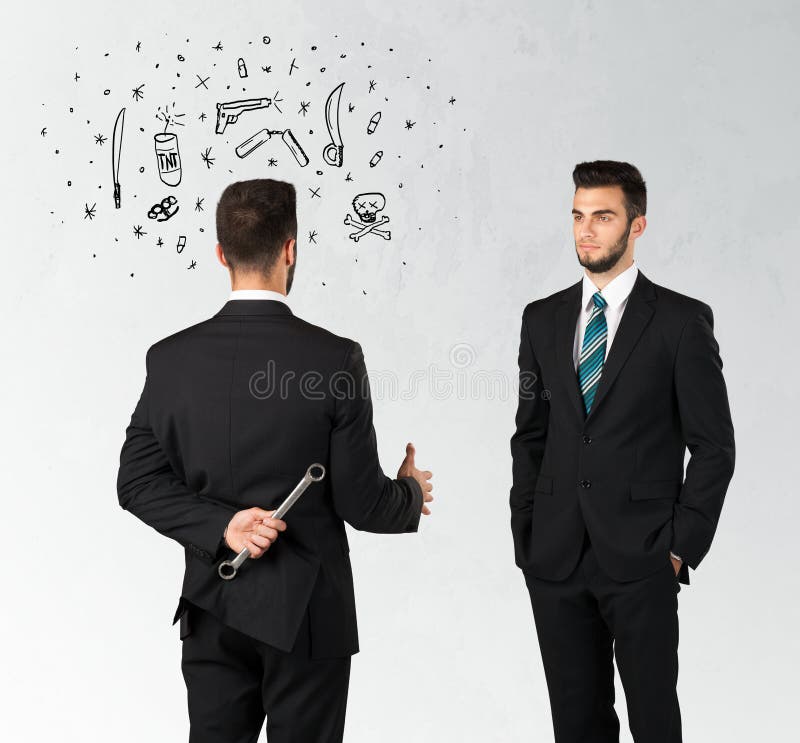 Ruthless businessman handshake with hiding a weapon and weapon symbols around his head. Ruthless businessman handshake with hiding a weapon and weapon symbols around his head