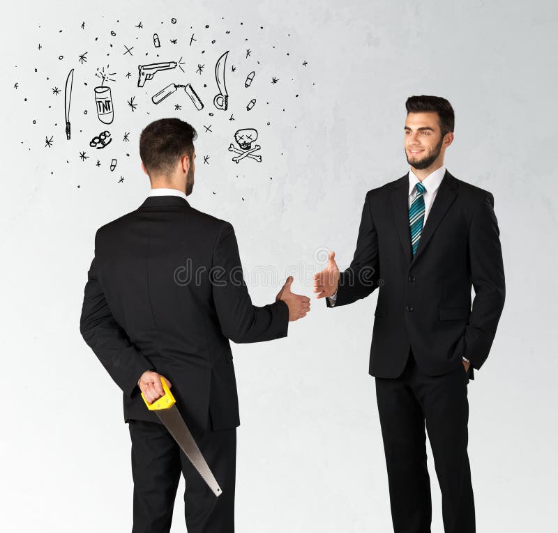 Ruthless businessman handshake with hiding a weapon and weapon symbols around his head. Ruthless businessman handshake with hiding a weapon and weapon symbols around his head