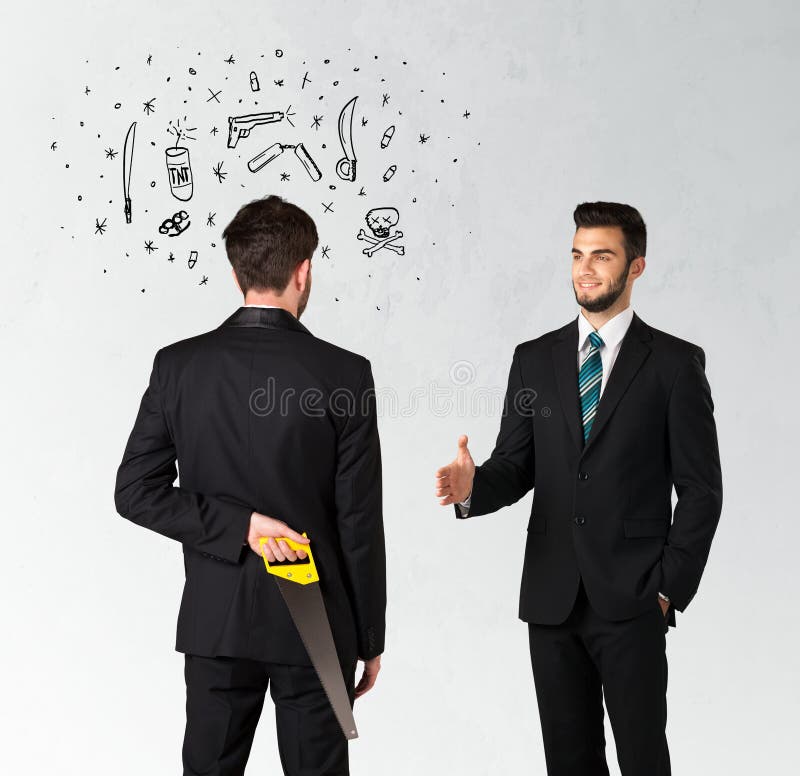 Ruthless businessman handshake with hiding a weapon and weapon symbols around his head. Ruthless businessman handshake with hiding a weapon and weapon symbols around his head