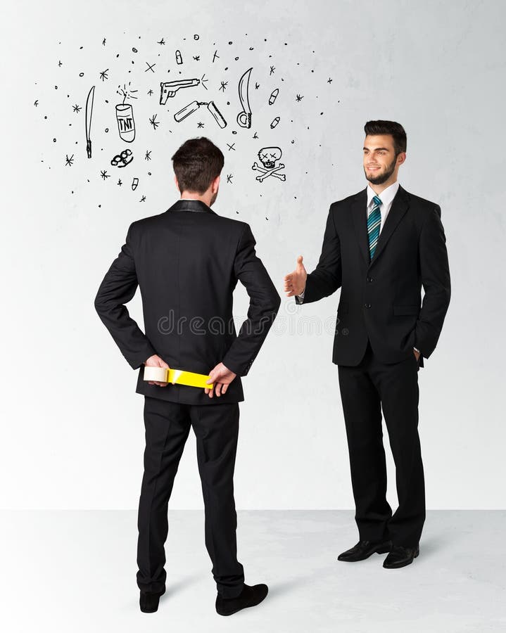 Ruthless businessman handshake with hiding a weapon and weapon symbols around his head. Ruthless businessman handshake with hiding a weapon and weapon symbols around his head