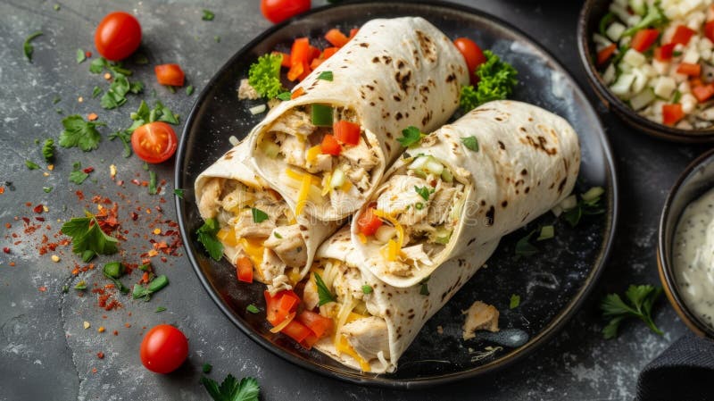 Hänsynslös kycklingburrito inlindad och redo att njuta av. Frysgröna burriter av kyckling royaltyfri illustrationer