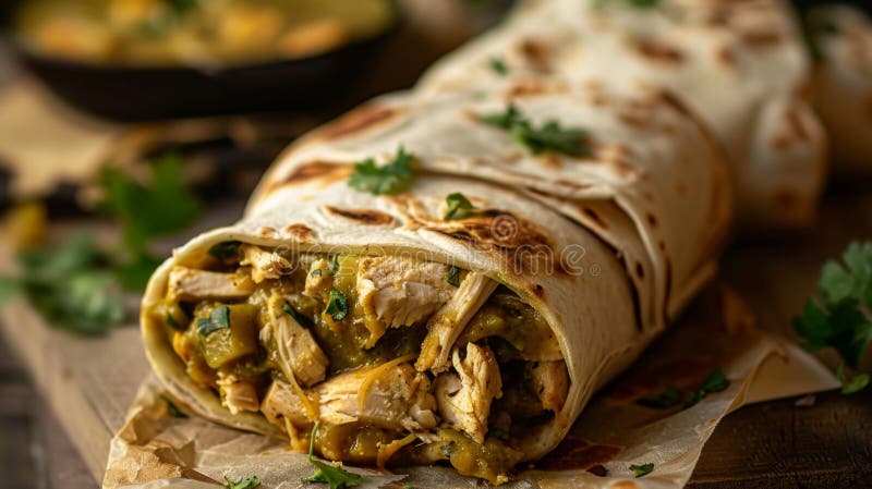 Hänsynslös kycklingburrito inlindad och redo att njuta av. Frysgröna burriter av kyckling vektor illustrationer