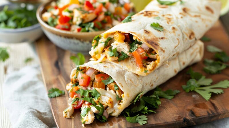 Hänsynslös kycklingburrito inlindad och redo att njuta av. Frysgröna burriter av kyckling stock illustrationer