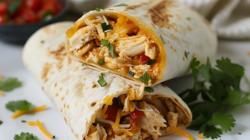 Hänsynslös kycklingburrito inlindad och redo att njuta av. Frysgröna burriter av kyckling vektor illustrationer
