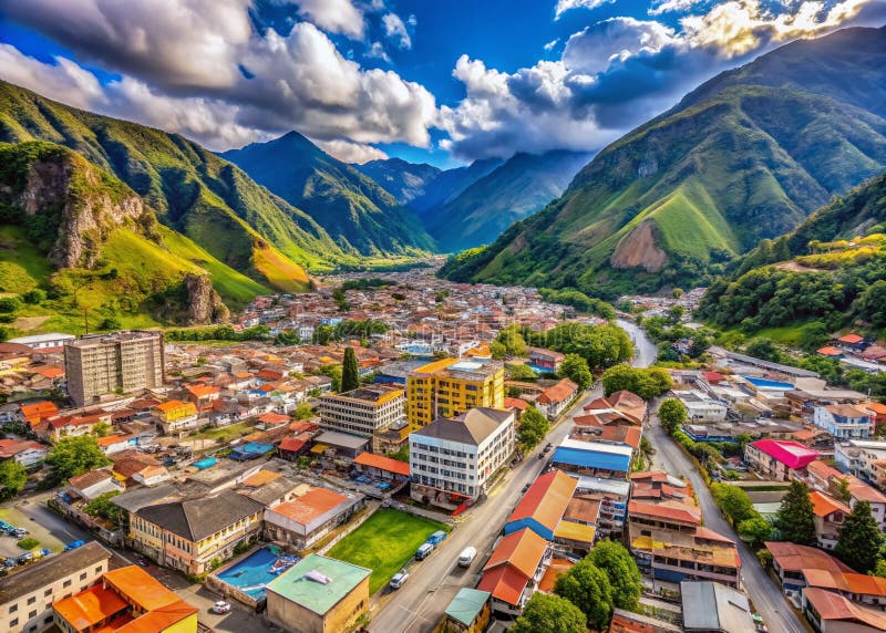 Häpnadsväckande flygpanorama över centrala Baños, Ecuador: En pulserande andinsk stad inbäddad i frodiga landskap royaltyfri illustrationer