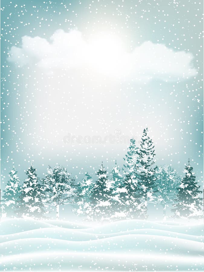 Beautiful holiday winter landscape background. Snowy field and conifer forest. Christmas backdrop. Vector illustration. Beautiful holiday winter landscape background. Snowy field and conifer forest. Christmas backdrop. Vector illustration