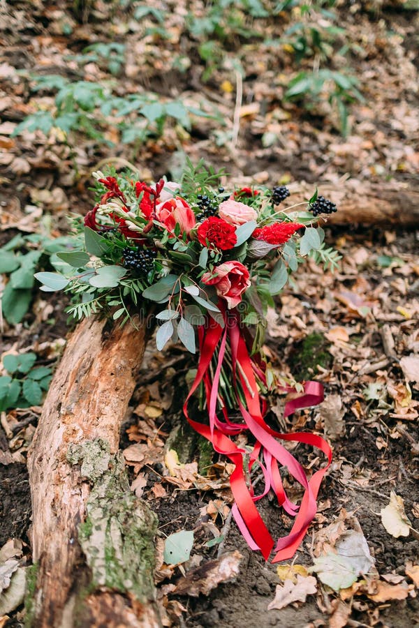 Härlig bröllopbukett av olika blommor som ligger på en inloggning parkera Höstbröllop arkivbilder Härlig bröllopbukett av olika blommor som ligger på en inloggning parkera Höstbröllop arkivbilder