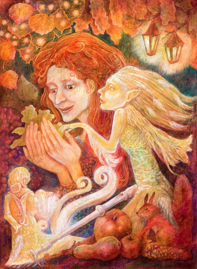 Härlig fantasiteckning av en höstkvinna med rött hår vektor illustrationer Härlig fantasiteckning av en höstkvinna med rött hår vektor illustrationer