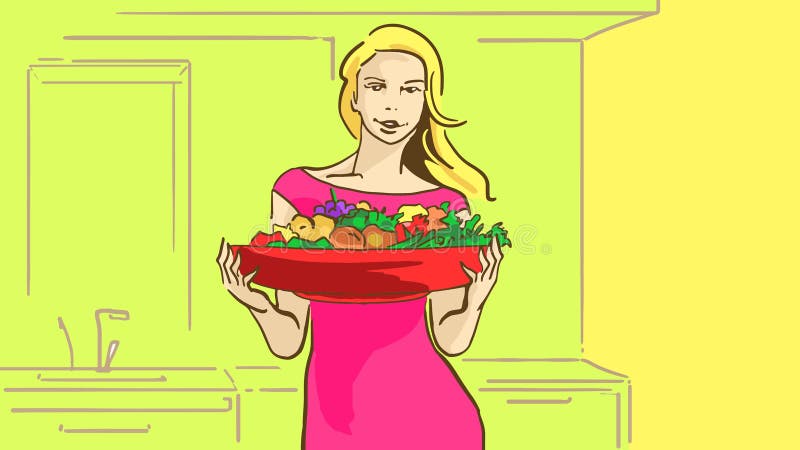 Härlig flicka för tecknad film med den stora röda plattan av nya frukter och gräsplaner i köket stock illustrationer Härlig flicka för tecknad film med den stora röda plattan av nya frukter och gräsplaner i köket stock illustrationer