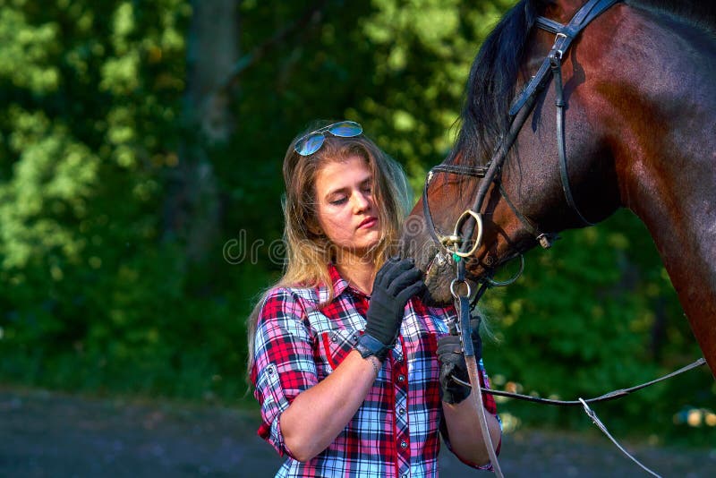 Härlig flicka med långt hår på en gå med en häst arkivfoto Härlig flicka med långt hår på en gå med en häst arkivfoto