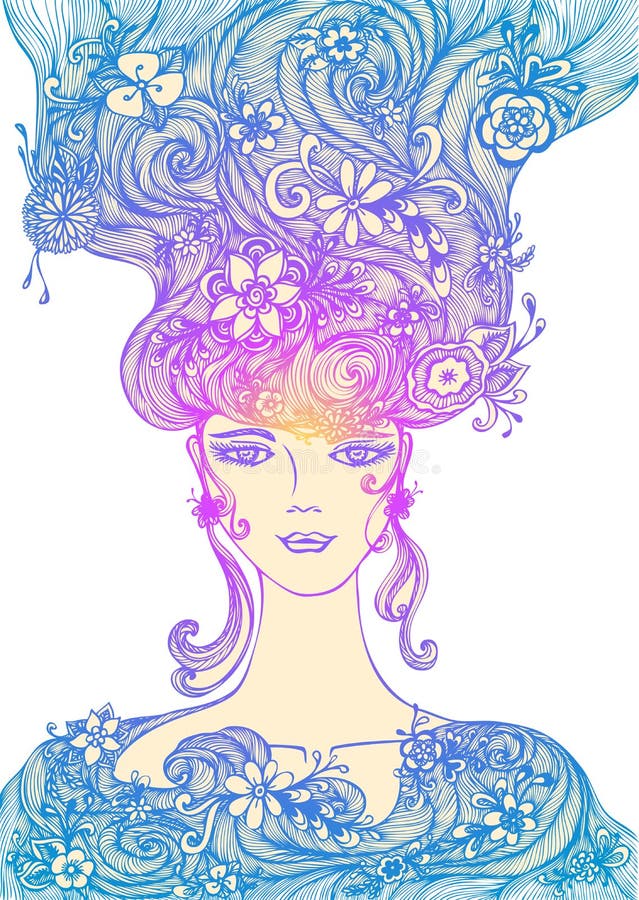 Härlig handattraktionflicka med blommahår i blå lilaguling på vit royaltyfri illustrationer Härlig handattraktionflicka med blommahår i blå lilaguling på vit royaltyfri illustrationer