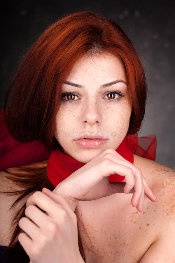 Beautiful woman portrait with red hair and freckles - studio. Beautiful woman portrait with red hair and freckles - studio