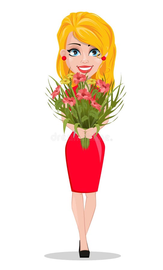 Härlig kvinna i hållande bukett för röd klänning av blommor royaltyfri illustrationer Härlig kvinna i hållande bukett för röd klänning av blommor royaltyfri illustrationer