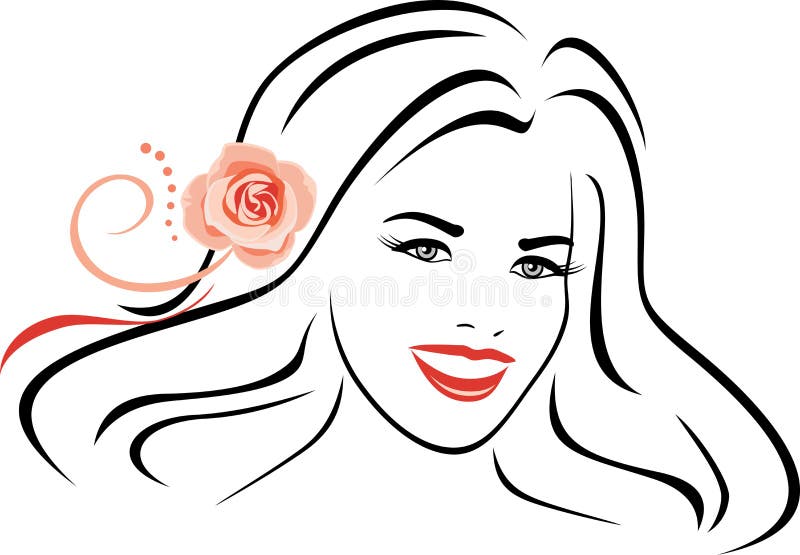Härlig kvinna med rosa färgrosen i hennes hår Konturstående vektor illustrationer Härlig kvinna med rosa färgrosen i hennes hår Konturstående vektor illustrationer