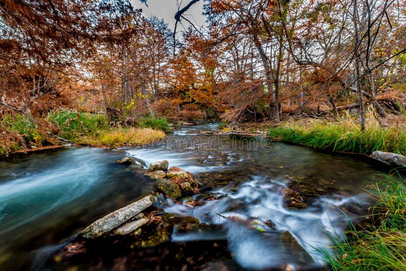 Härlig nedgånglövverk på det silkeslena snabba blåa vattnet av Guadalupe River, Texas royaltyfri foto
