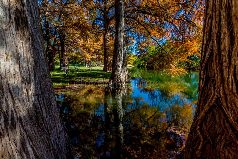 Härlig nedgånglövverk reflekterad på Guadalupe River, Texas arkivbilder