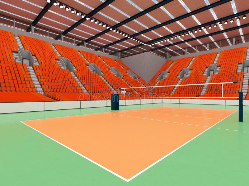 Härlig sportarena för volleyboll med apelsinplatser och flodljus - 3d framför stock illustrationer Härlig sportarena för volleyboll med apelsinplatser och flodljus - 3d framför stock illustrationer
