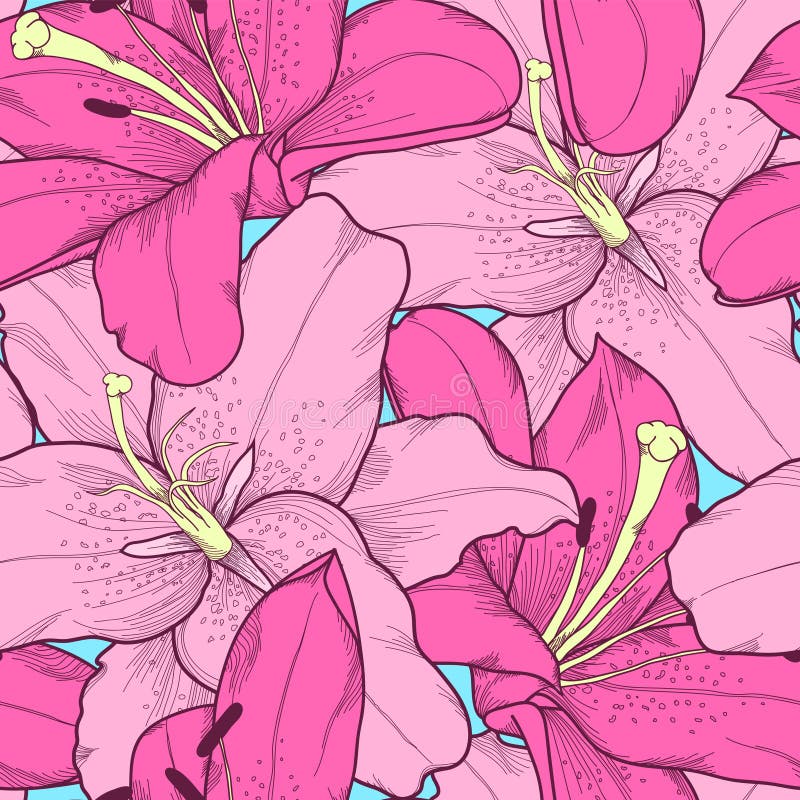 Härlig sömlös bakgrund med den rosa liljahand-teckningen. royaltyfri illustrationer Härlig sömlös bakgrund med den rosa liljahand-teckningen. royaltyfri illustrationer