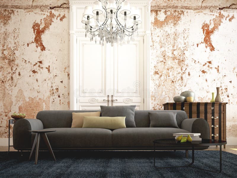 Härlig tappningsoffa bredvid grungväggen 3d stock illustrationer Härlig tappningsoffa bredvid grungväggen 3d stock illustrationer