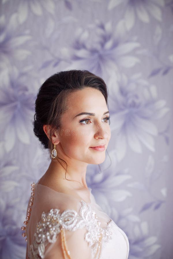 Härlig ung brud med bröllopmakeup och frisyr i sovrum Den härliga brudståenden med skyler över hennes framsida closeup arkivbilder Härlig ung brud med bröllopmakeup och frisyr i sovrum Den härliga brudståenden med skyler över hennes framsida closeup arkivbilder