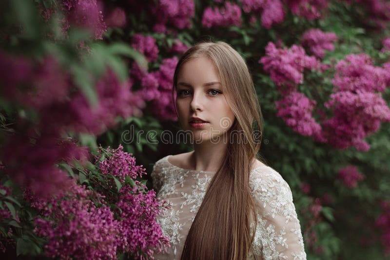 Vacker ung flicka i en blommande syren royaltyfria foton