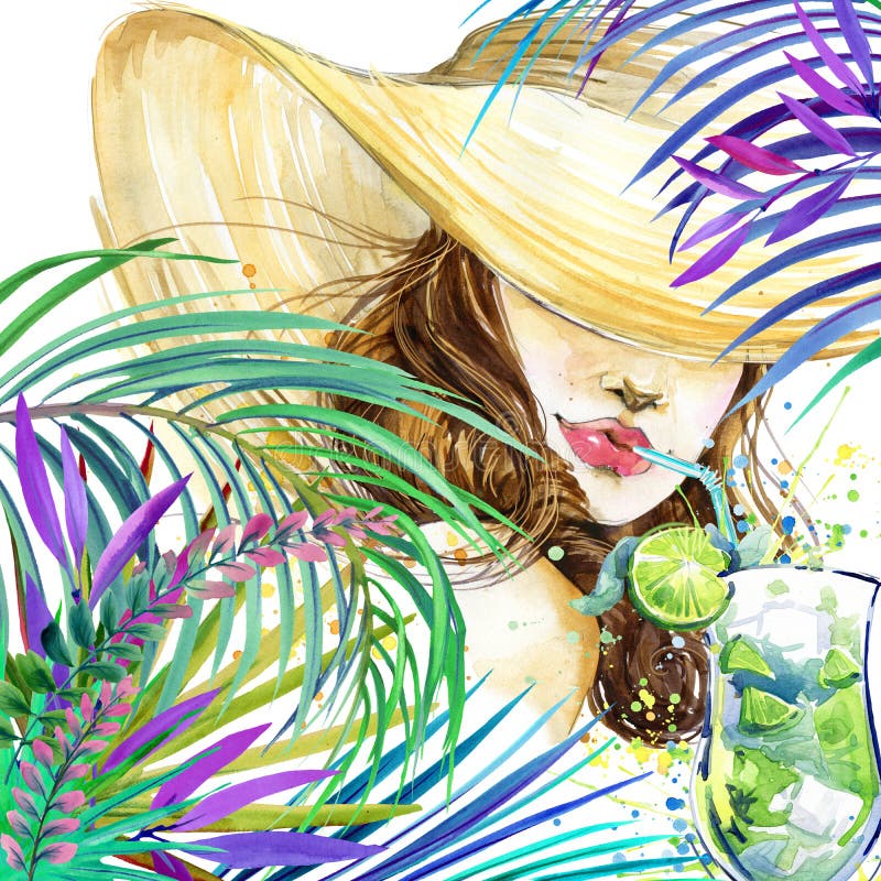Härlig ung kvinna med fruktcoctailen och tropisk sidabakgrund Flicka- och strandcocktailparty cocktailpartyaffischbac vektor illustrationer
