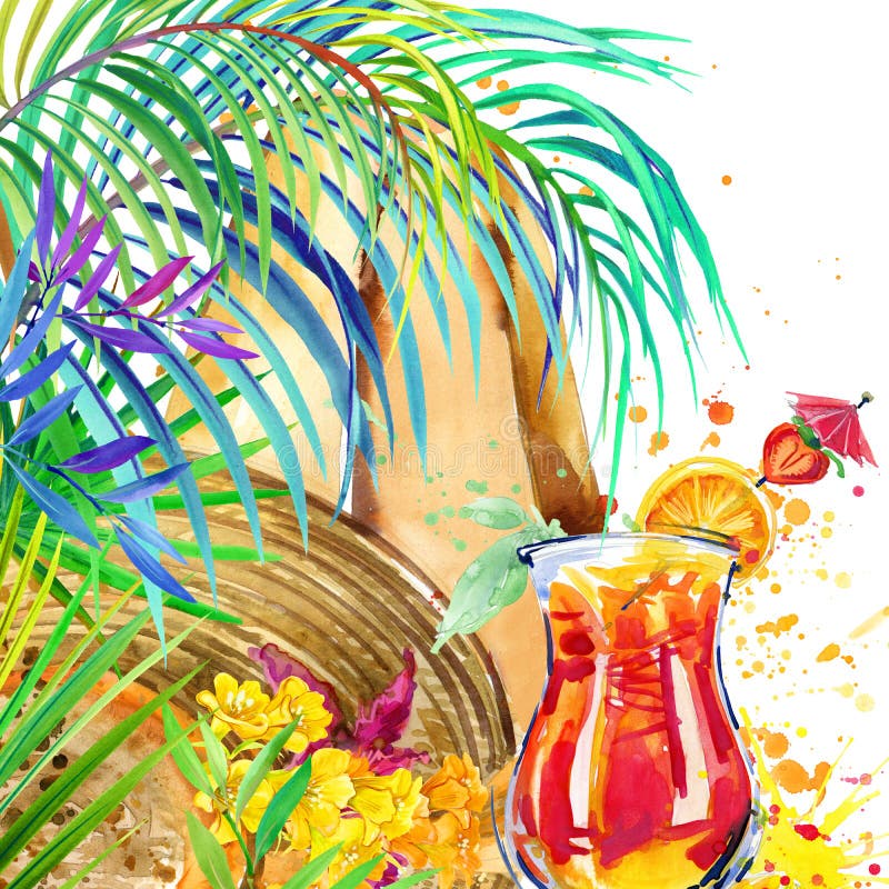 Härlig ung kvinna med fruktcoctailen tropisk strand och tropiska sidor med exotiska blommor för flygillustration för näbb dekorat stock illustrationer
