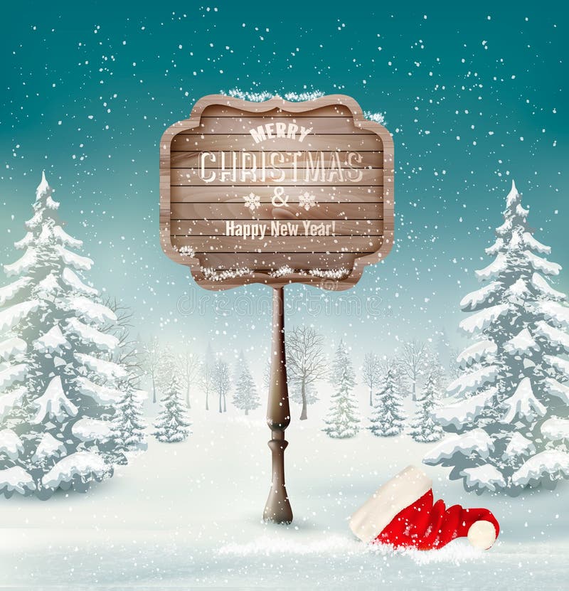 Härlig vinterbakgrund med den snöig skogen och ett trätecken royaltyfri illustrationer