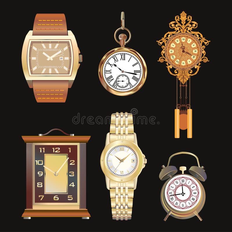 Härliga detaljerade uppsättningillustrationer av olika klockor Vägg tabell, klockor retro stil royaltyfri illustrationer Härliga detaljerade uppsättningillustrationer av olika klockor Vägg tabell, klockor retro stil royaltyfri illustrationer