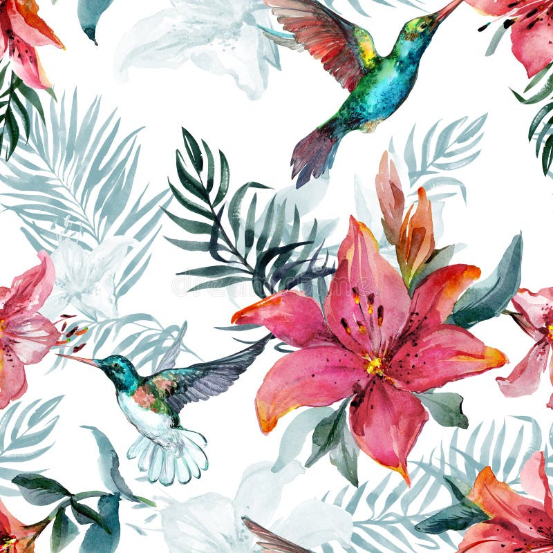 Härliga färgrika flygkolibrier och den röda liljan blommar på vit bakgrund Exotisk tropisk sömlös modell stock illustrationer