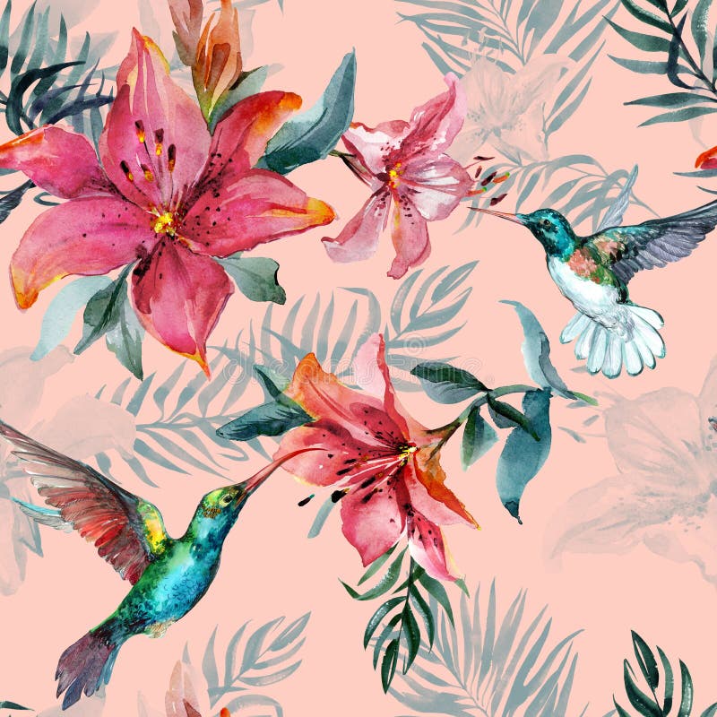 Härliga färgrika flygkolibrier och röda blommor på rosa bakgrund Exotisk tropisk sömlös modell Watecolor målning vektor illustrationer