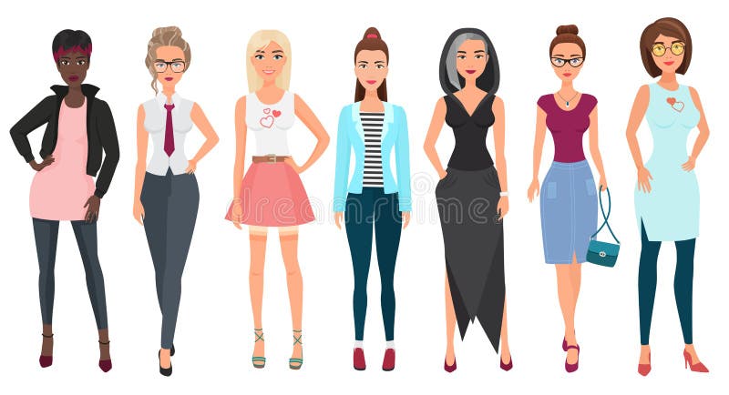 Härliga gulliga unga kvinnor i modekläder Kvinnliga tecken för detaljerade flickor Plan stilvektorillustration