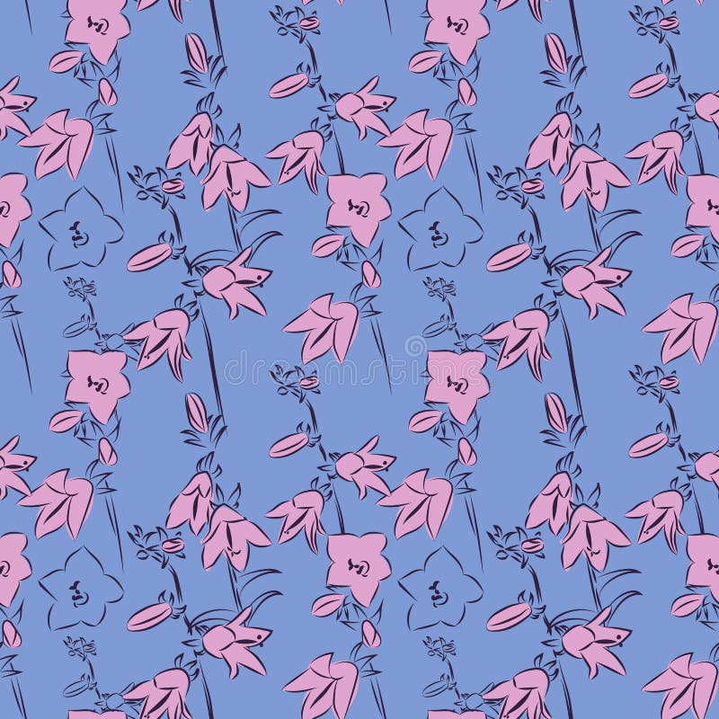 Härliga klockablommor på blå bakgrund, vektorillustration, sömlös modell stock illustrationer