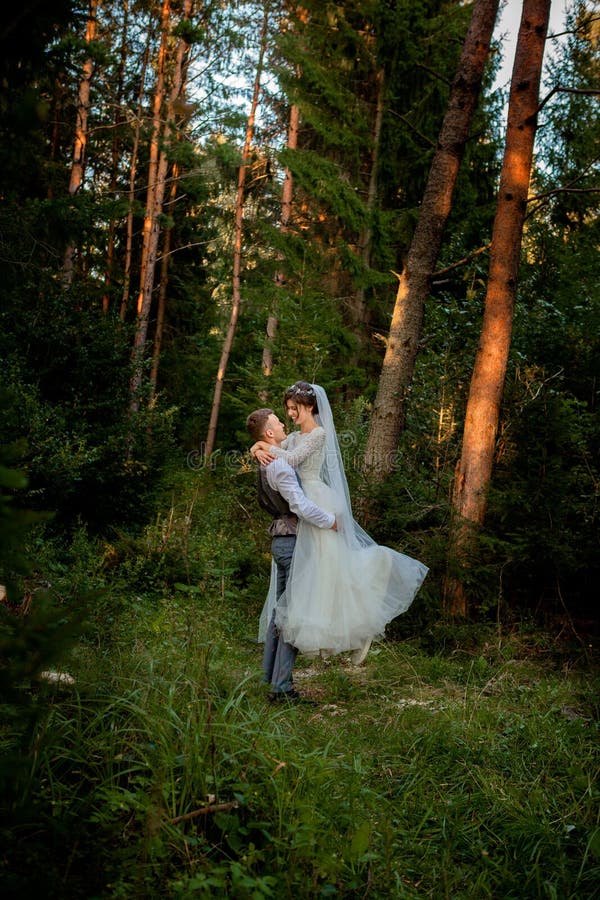 Härliga nygift personpar som går i träna honeymooners Brud- och brudguminnehavhand i pinjeskogen, foto för valentin royaltyfria bilder Härliga nygift personpar som går i träna honeymooners Brud- och brudguminnehavhand i pinjeskogen, foto för valentin royaltyfria bilder