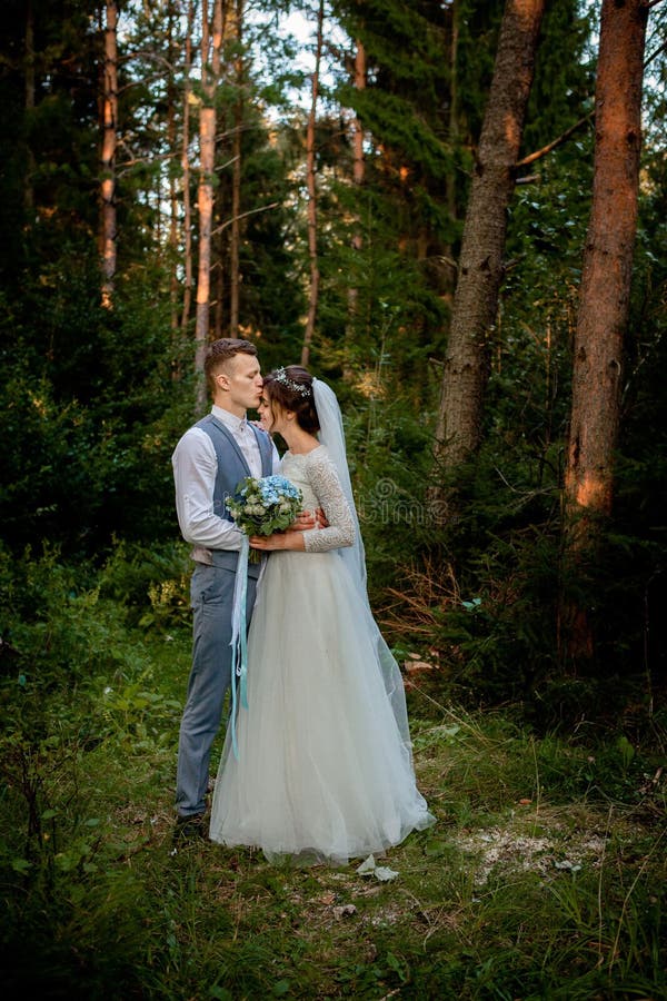 Härliga nygift personpar som går i träna honeymooners Brud- och brudguminnehavhand i pinjeskogen, foto för valentin royaltyfri fotografi Härliga nygift personpar som går i träna honeymooners Brud- och brudguminnehavhand i pinjeskogen, foto för valentin royaltyfri fotografi