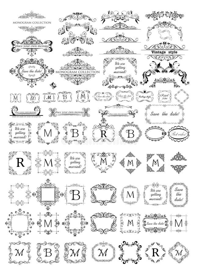 Härliga ramar, karaktärsteckningar och titelradsamling för monogram som gifta sig design, menykort, restaurang, kafé, hotell, smy stock illustrationer Härliga ramar, karaktärsteckningar och titelradsamling för monogram som gifta sig design, menykort, restaurang, kafé, hotell, smy stock illustrationer