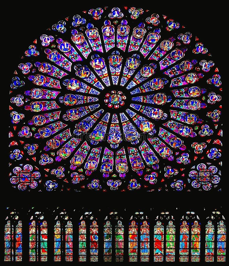 Härligt målat glassfönster av den södra tvärskeppet i Notre Dame Cathedral, Paris arkivfoton Härligt målat glassfönster av den södra tvärskeppet i Notre Dame Cathedral, Paris arkivfoton