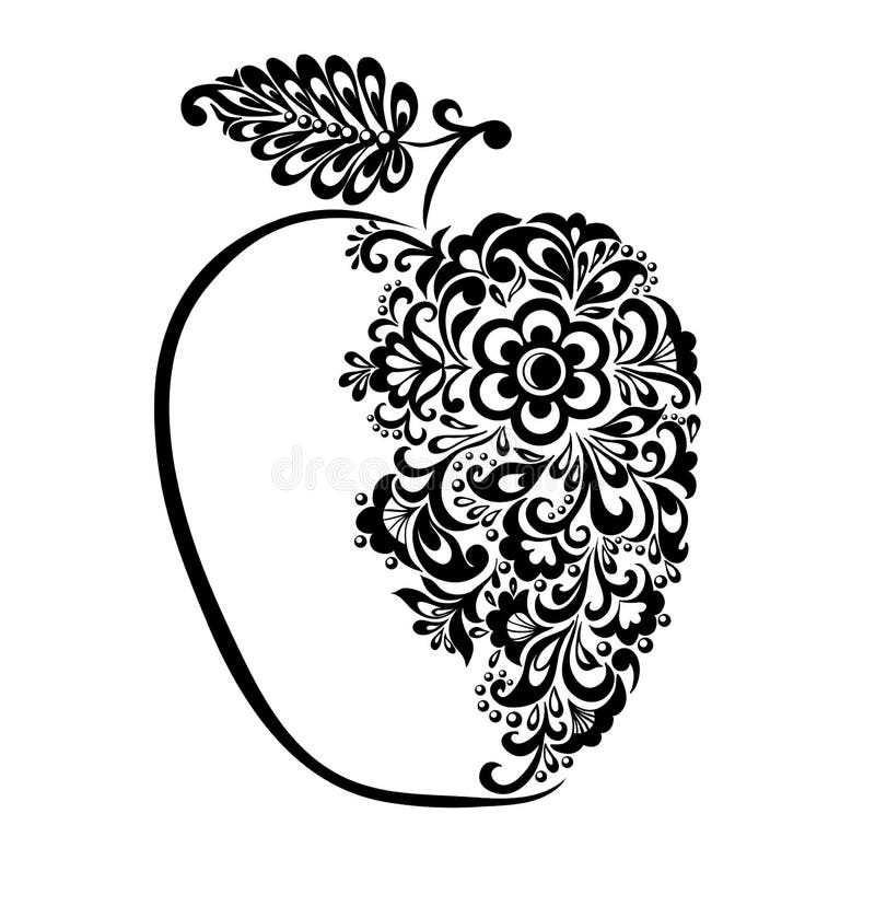 Härligt svartvitt äpple som dekoreras med den blom- modellen. stock illustrationer