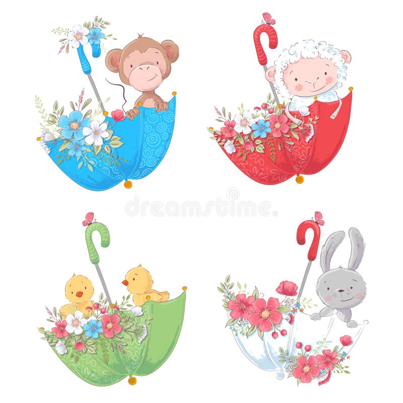 Härmar gulliga djur för fastställd tecknad film, fårhönor och kaninen i umbels med blommor för barns illustration vektor vektor illustrationer Härmar gulliga djur för fastställd tecknad film, fårhönor och kaninen i umbels med blommor för barns illustration vektor vektor illustrationer