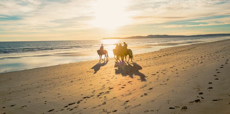Hästbaksidaryttare på den Limantour stranden med solnedgång royaltyfri foto Hästbaksidaryttare på den Limantour stranden med solnedgång royaltyfri foto